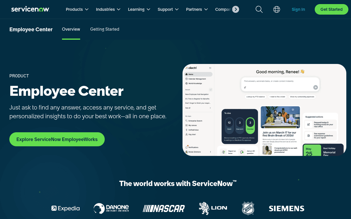 ServiceNow Employee Center official product page