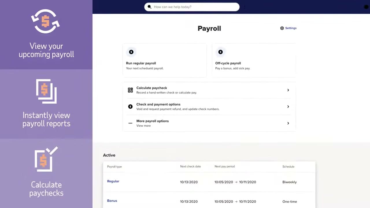 ADP RUN payroll dashboard with upcoming payroll and payroll reports