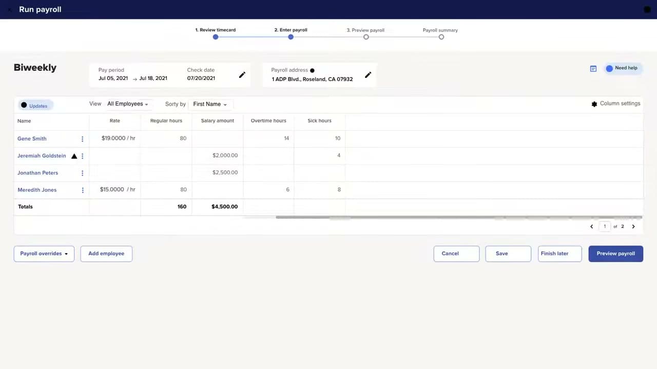 ADP RUN biweekly payroll entry screen with employee pay details