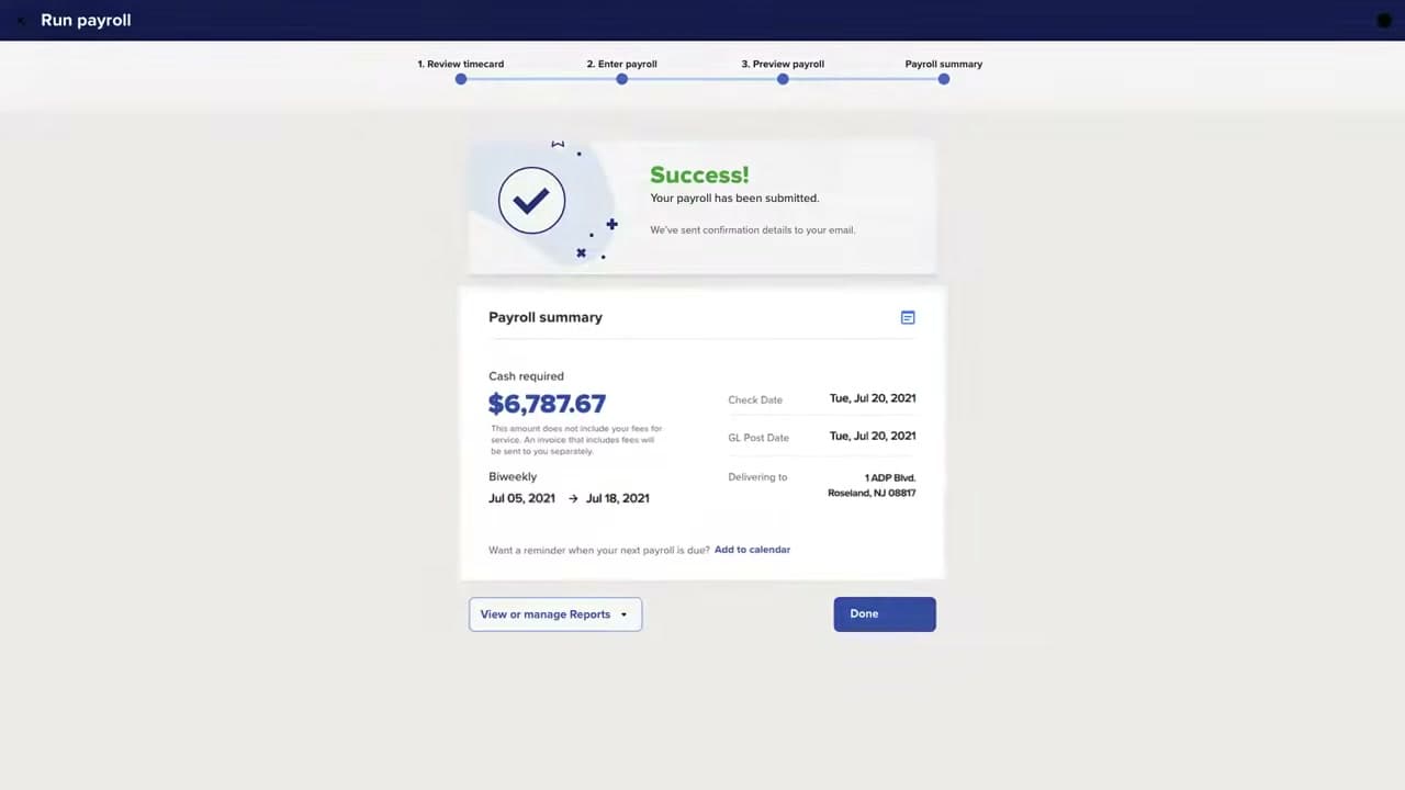 ADP RUN payroll success confirmation with payroll summary