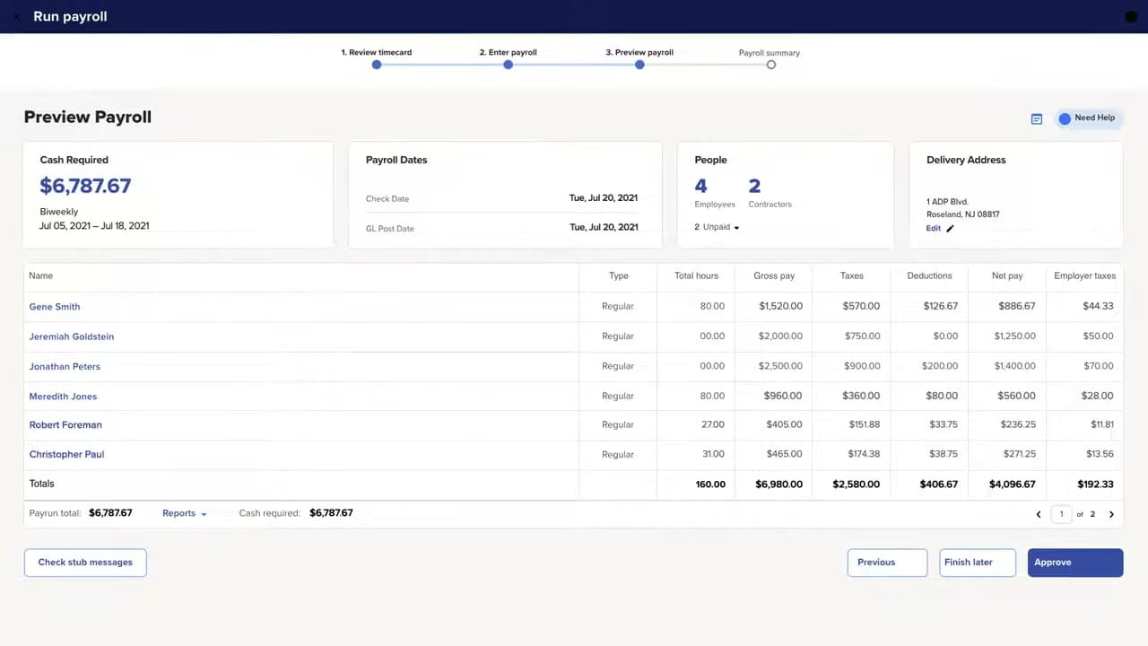 ADP RUN preview payroll screen with cash required and employee payment totals