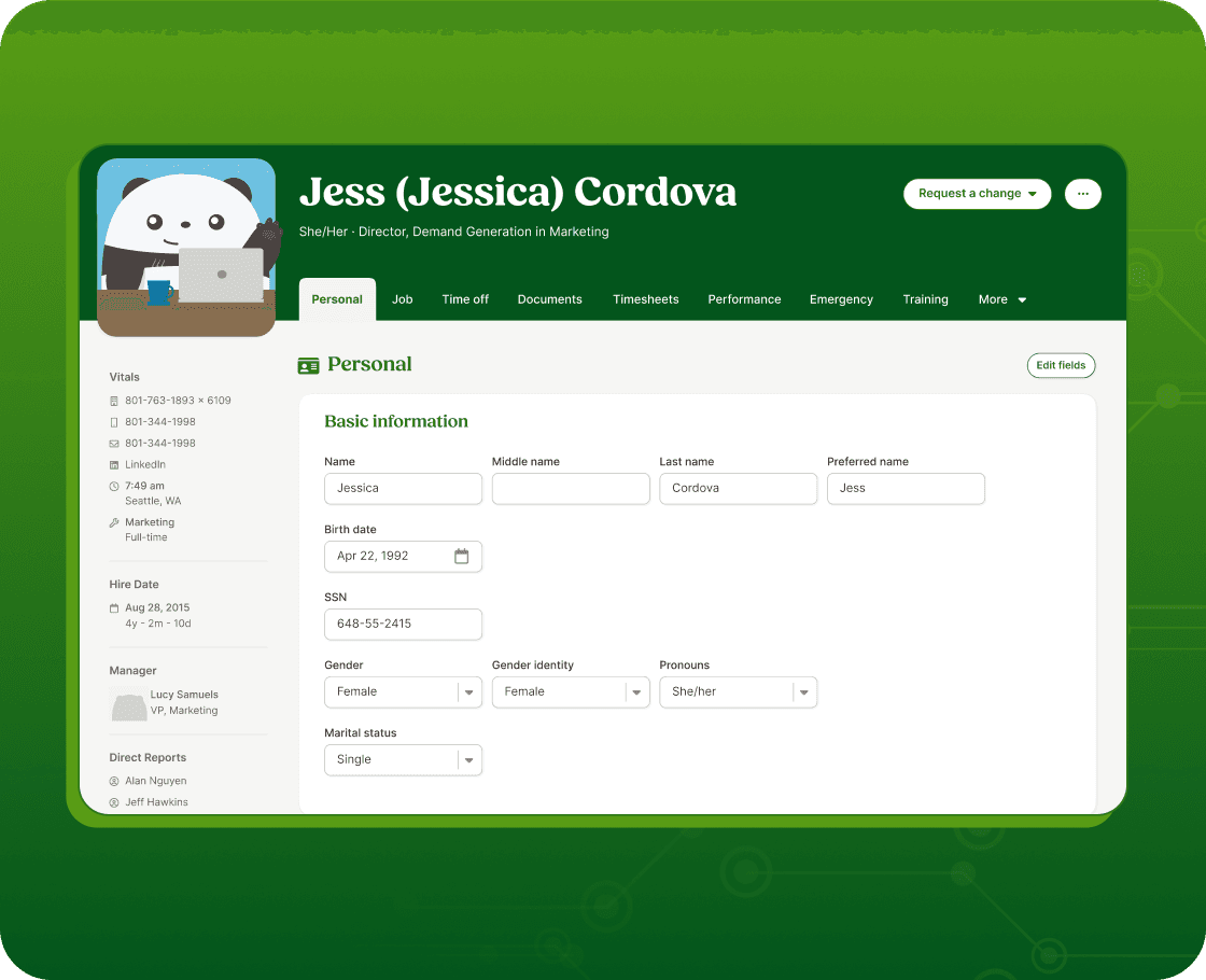 BambooHR employee profile showing personal details and employment information