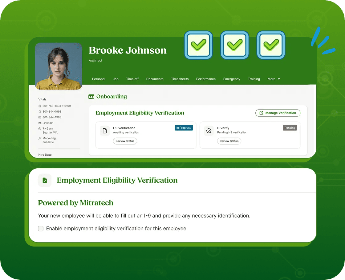 BambooHR employee eligibility verification screen within an onboarding employee profile