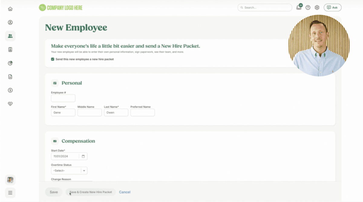 BambooHR onboarding new employee record with personal and compensation sections
