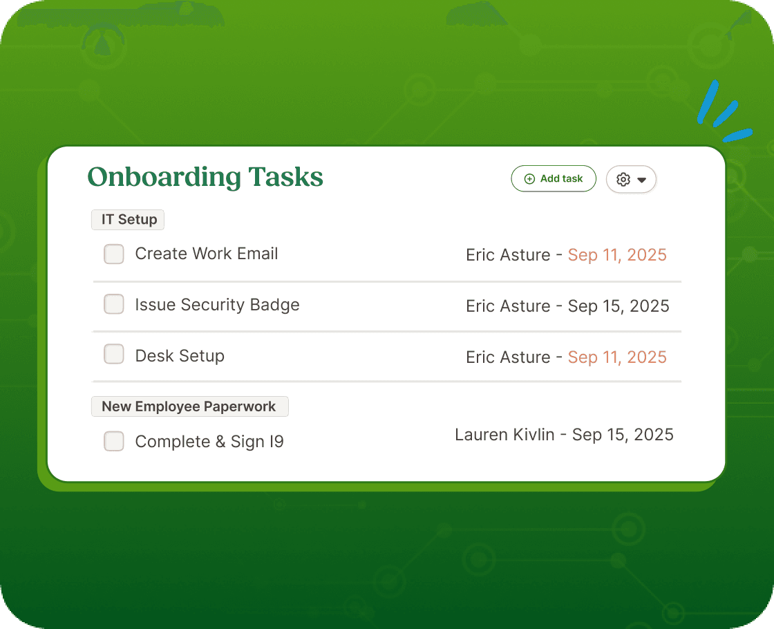 BambooHR onboarding task list with owners and due dates for a new employee