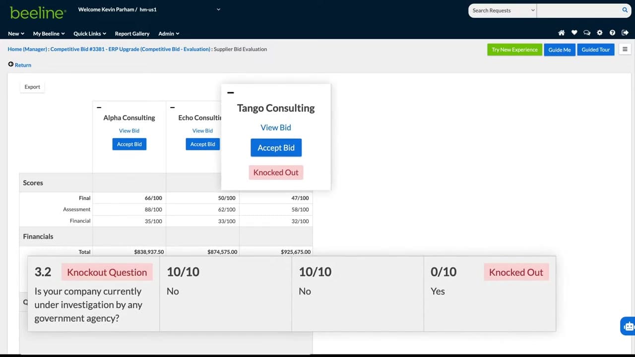 Beeline contingent workforce supplier bid comparison with scores and compliance checks