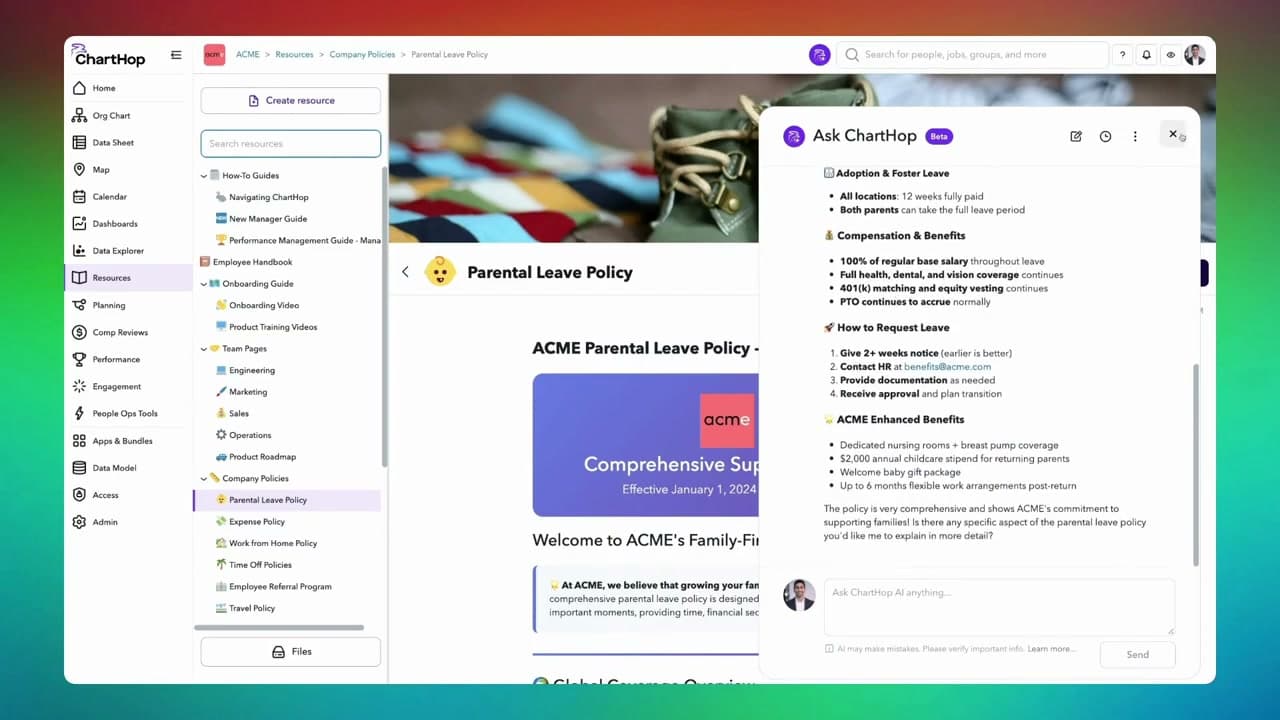 ChartHop AI assistant response summarising parental leave policy with source details