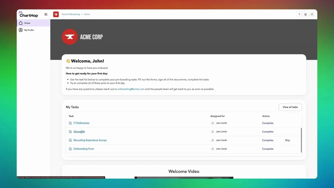 ChartHop employee home page with welcome message and task list