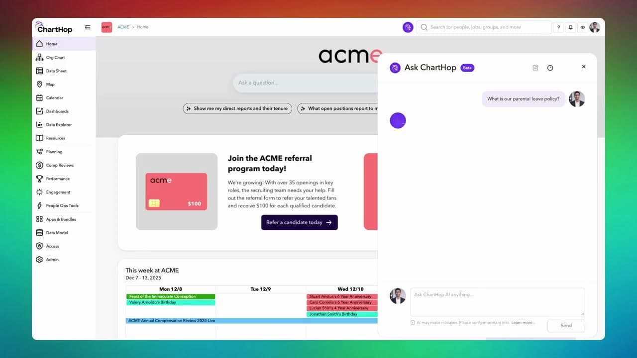 ChartHop employee home page with Ask ChartHop AI assistant