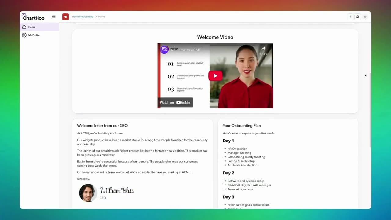 ChartHop new-hire onboarding plan with welcome video and first-week schedule