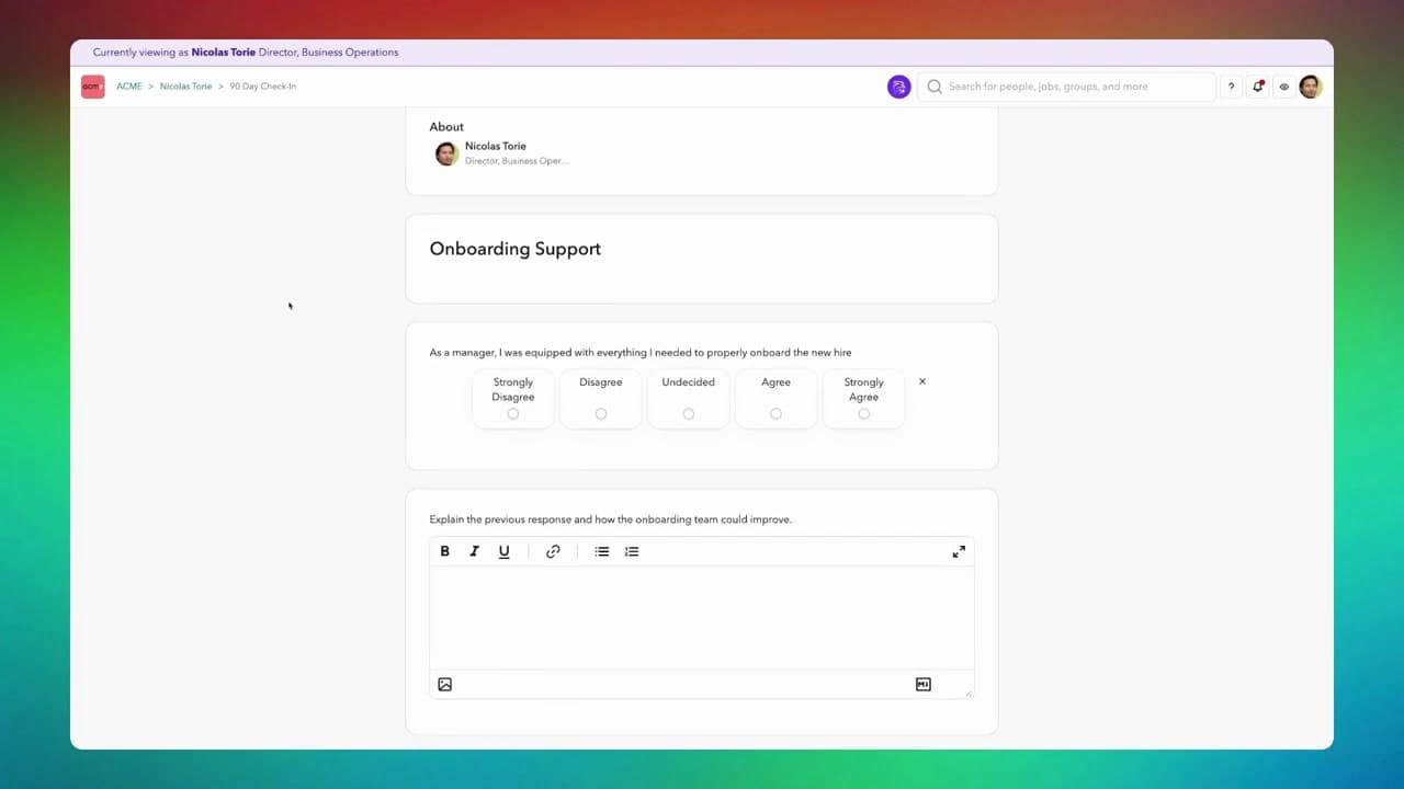 ChartHop onboarding support form for a new employee