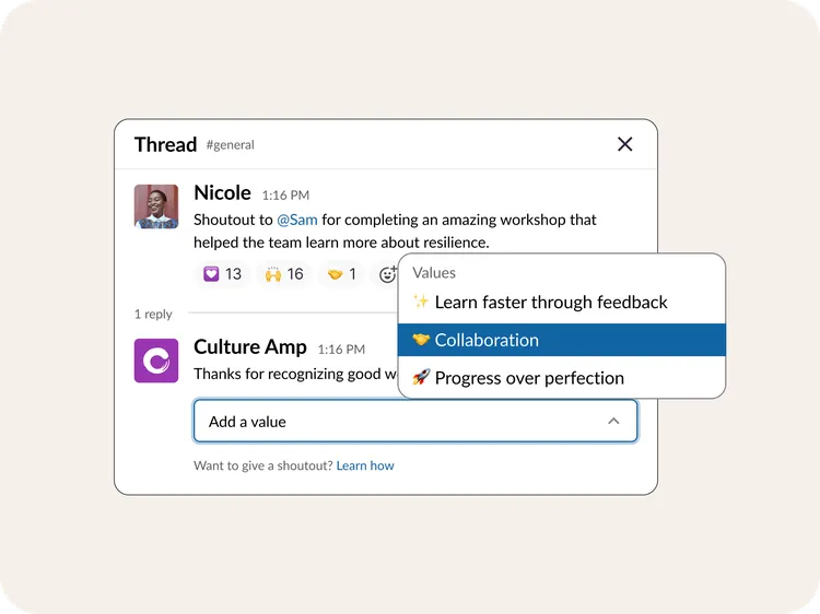 Culture Amp Perform employee shoutout linked to a company value
