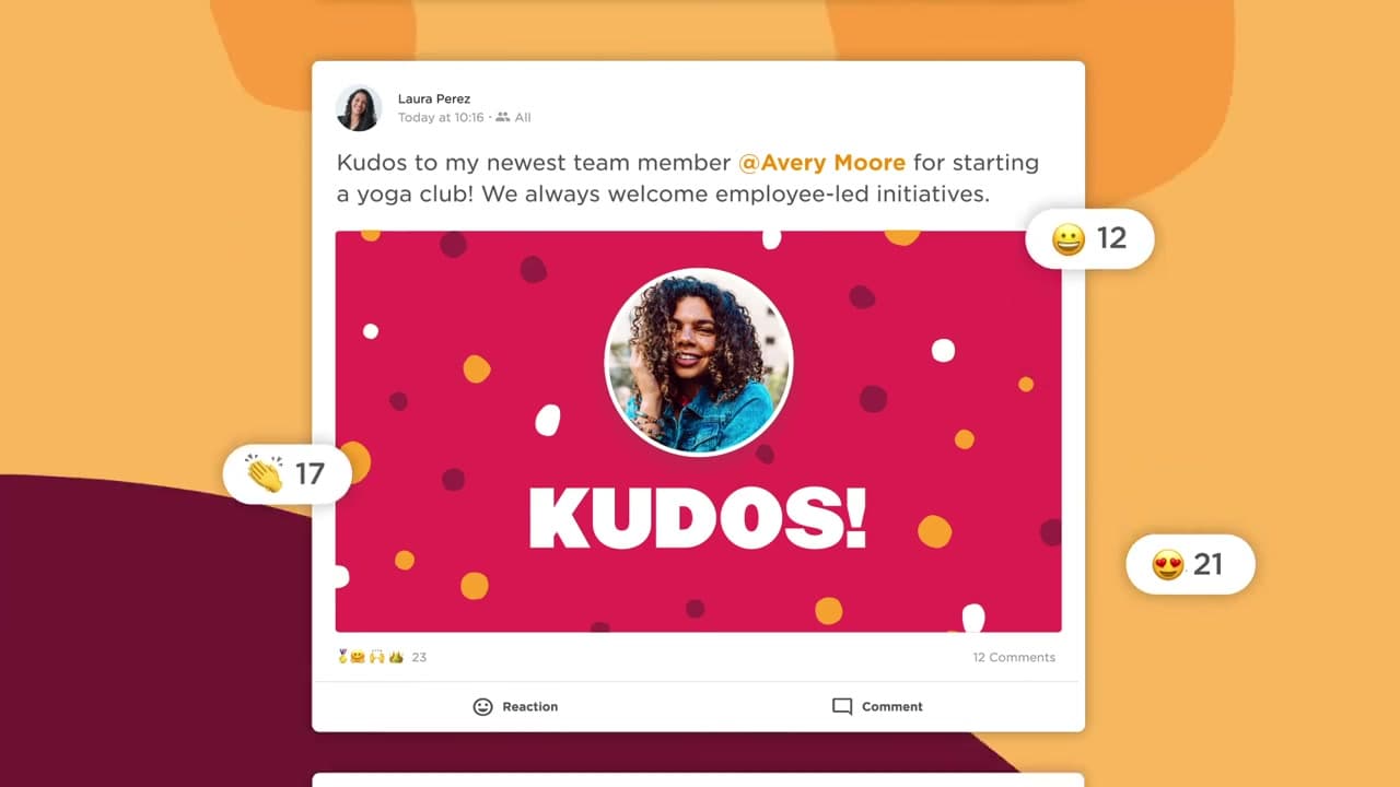 HiBob Kudos peer recognition post with colleague reactions