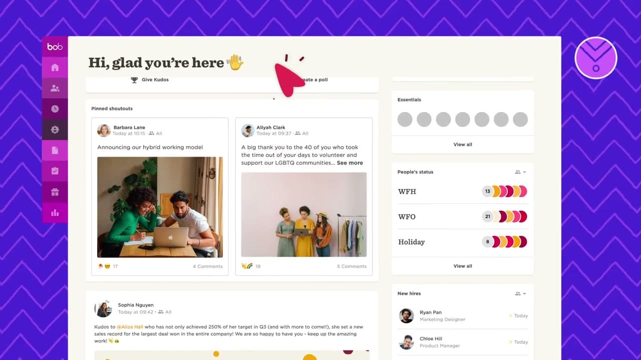 HiBob manager home with workforce posts birthdays and people indicators