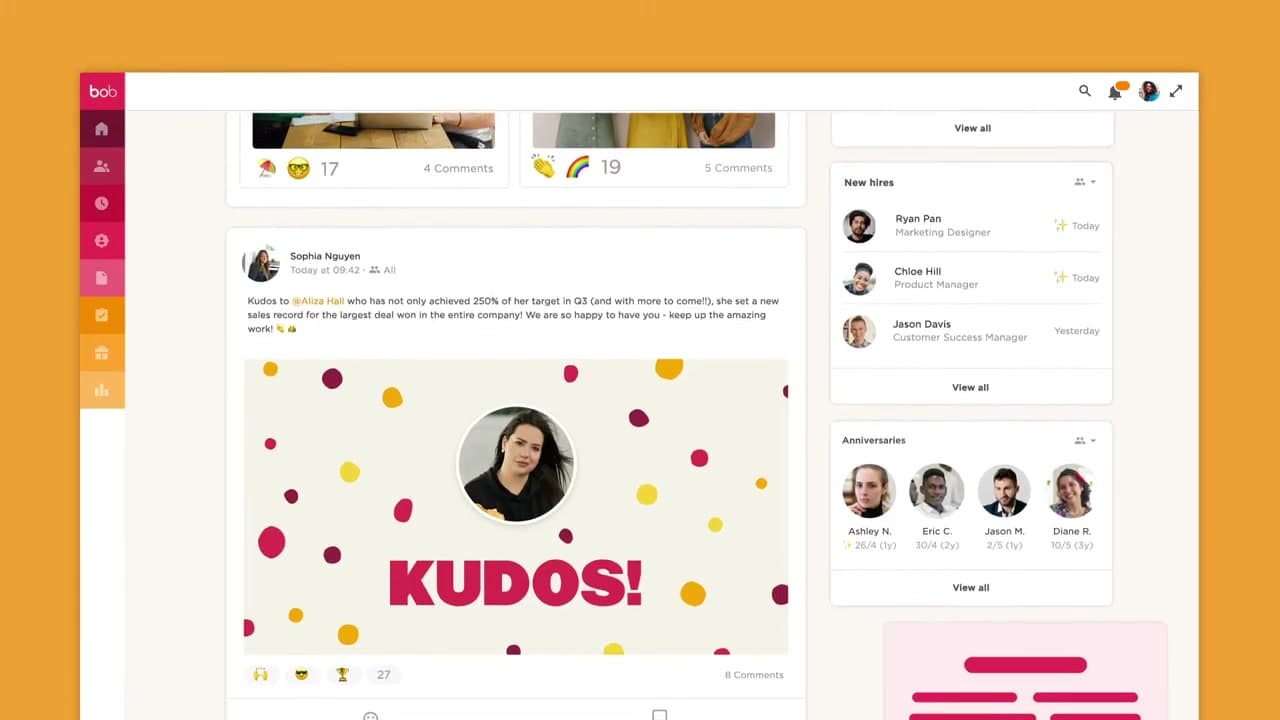 HiBob employee home showing company posts colleagues and recognition