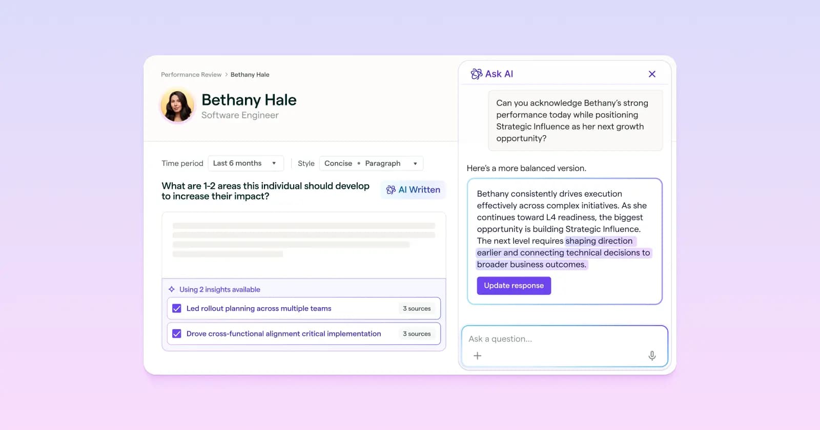 Lattice Performance review form using Lattice AI to improve a manager's written employee feedback
