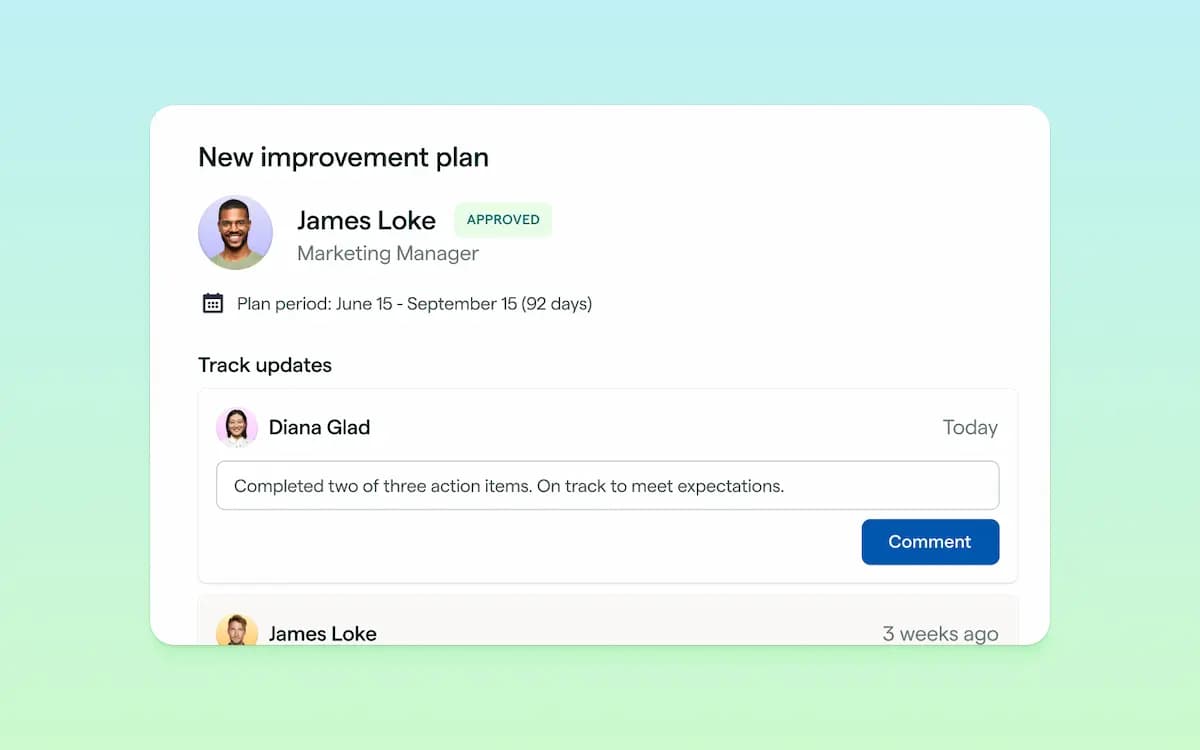Lattice Performance Improvement Plan showing an approved plan period and manager progress updates