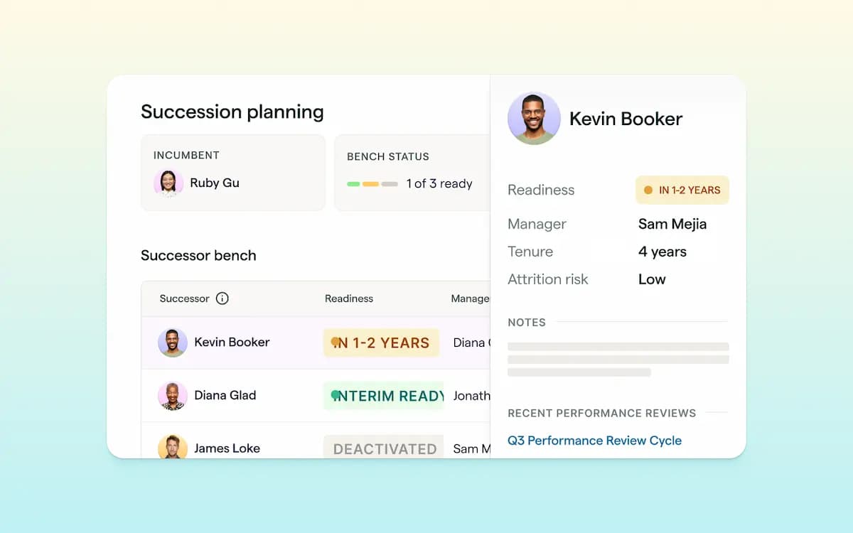 Lattice Succession Planning screen showing an incumbent, successor bench, readiness, tenure and attrition risk