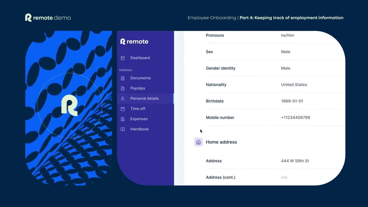 Remote employee profile showing identity nationality contact and address details