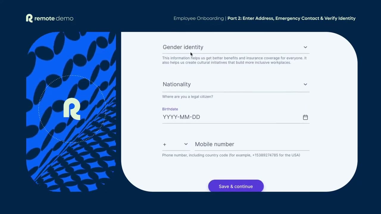 Remote employee onboarding personal details form with identity and contact fields