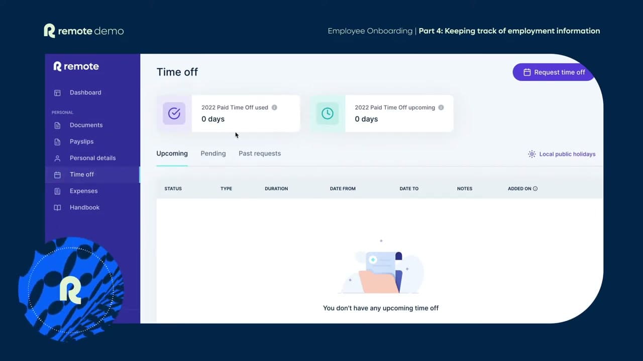 Remote employee time-off dashboard with leave balances and calendar