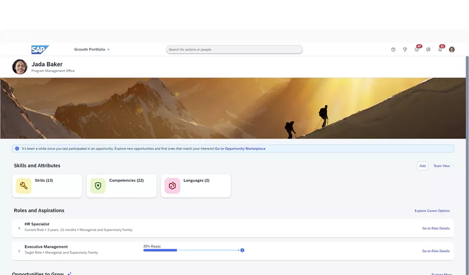 SAP SuccessFactors Career and Talent Development growth portfolio showing skills and career aspirations