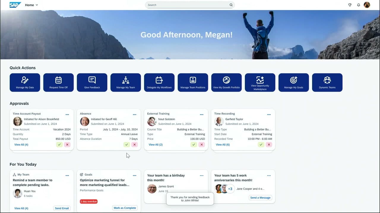 SAP SuccessFactors manager dashboard with approvals learning and team tasks