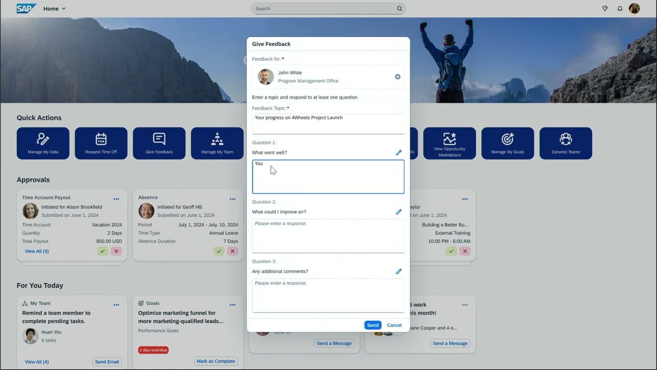 SAP SuccessFactors manager home with quick actions approvals and workforce tasks