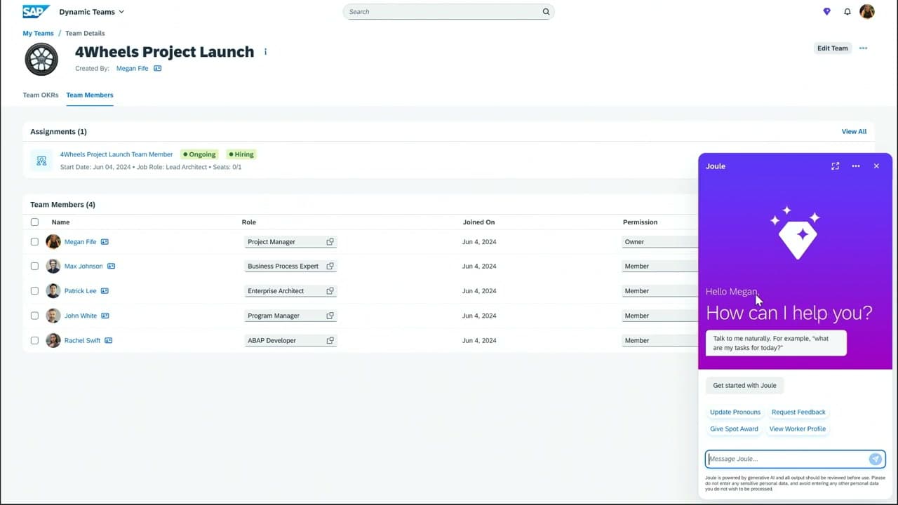 SAP SuccessFactors project assignment with team members and Joule assistant