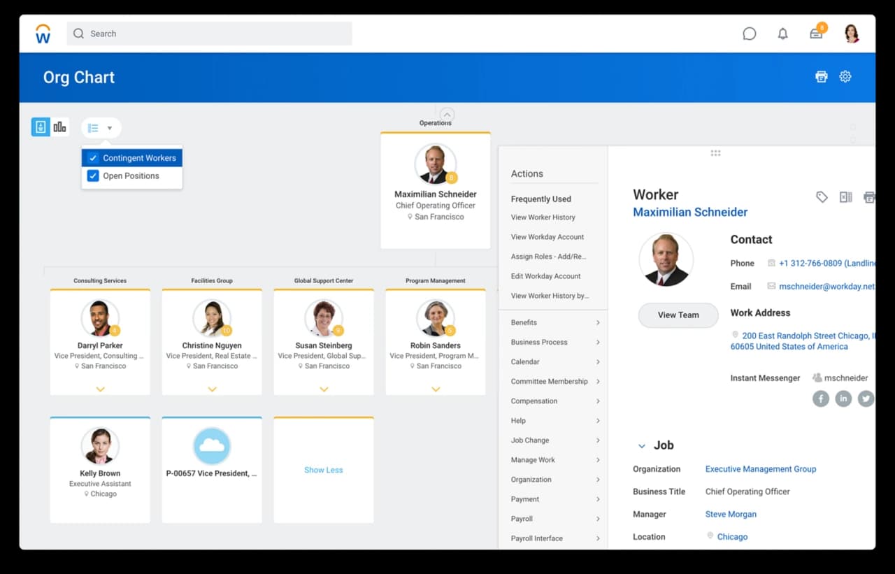 Workday Core HCM cost centre organisation chart with worker details and security-based actions