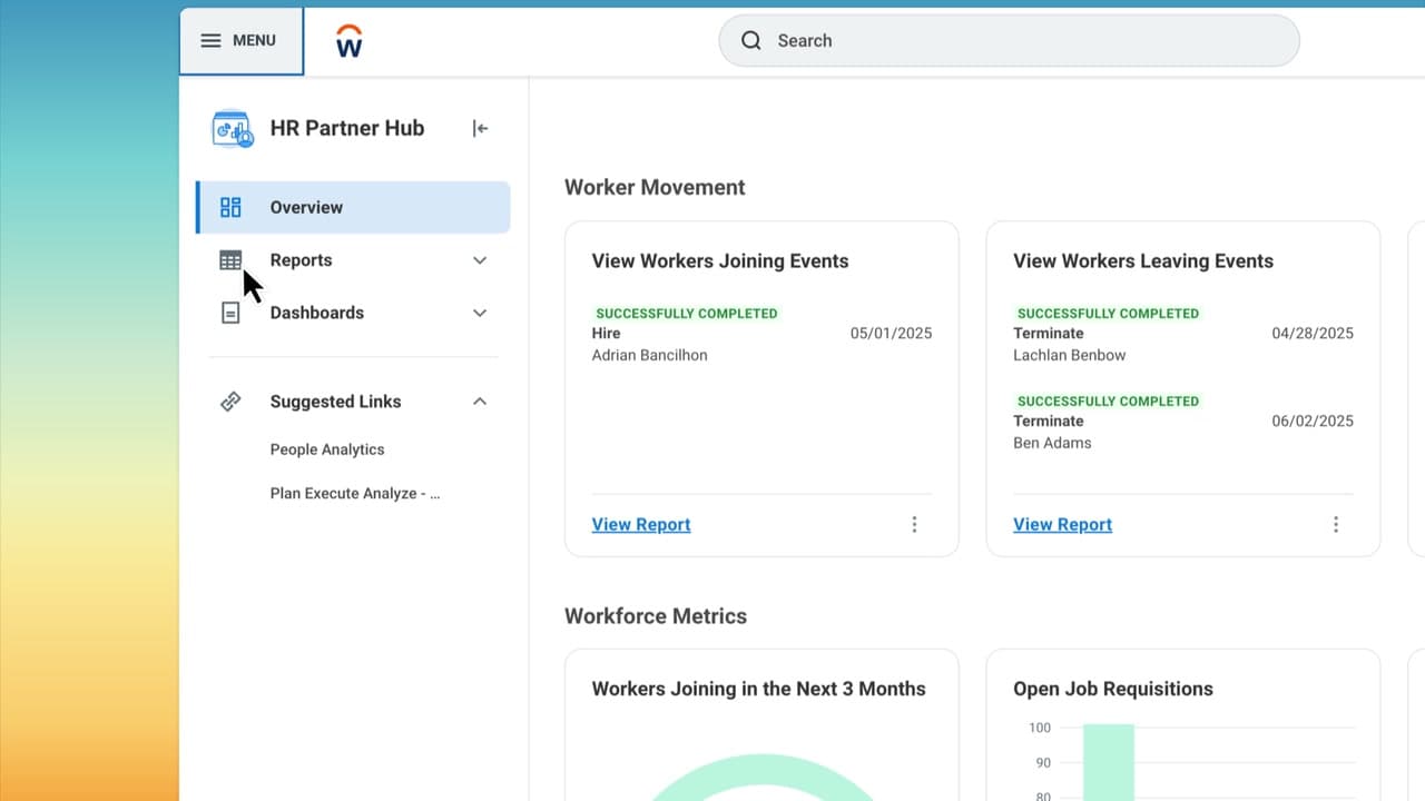Workday Core HCM HR administration navigation with employee, compensation, benefits and organisation areas
