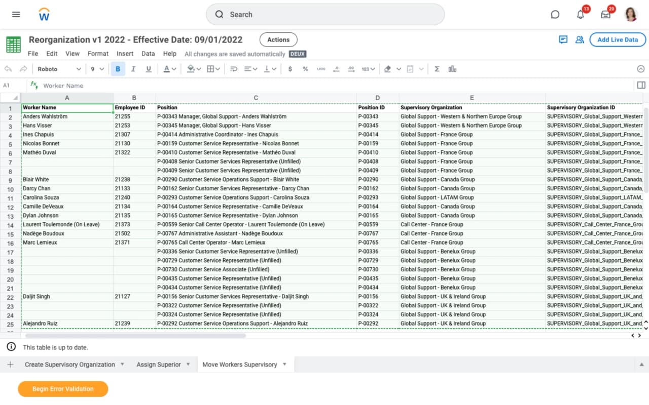 Workday Core HCM mass-actions worksheet listing workers and organisation changes for a reorganisation