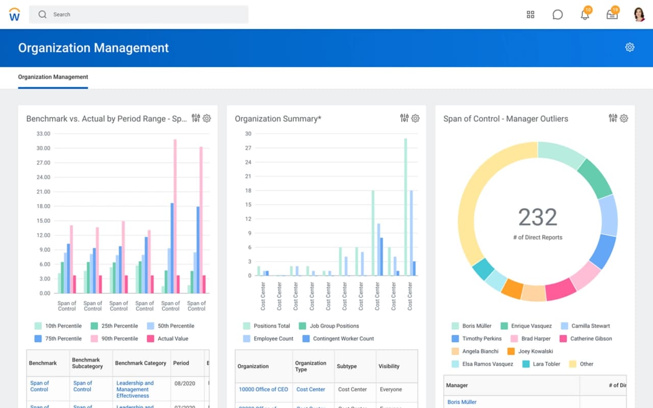 Workday Core HCM organisation management dashboard with pay benchmarking, organisation summary and span of control