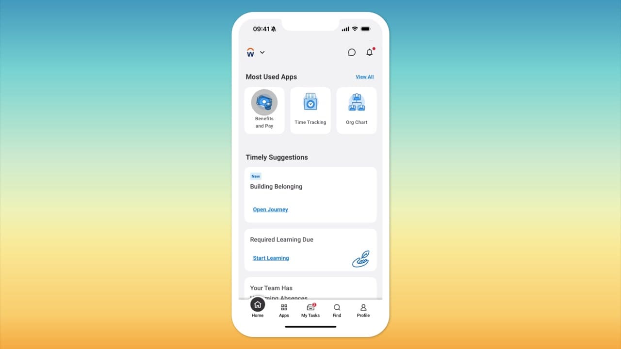 Workday Employee Experience Benefits and Pay mobile overview with recent pay and benefit costs
