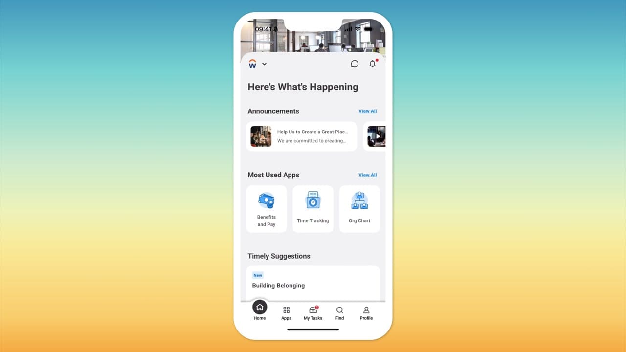 Workday Employee Experience mobile apps menu with benefits, time tracking and organisation chart