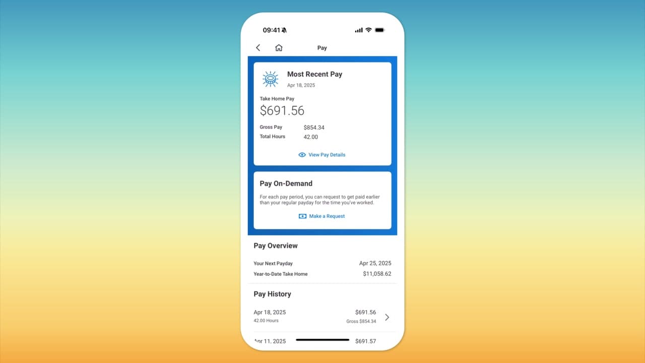 Workday Employee Experience mobile pay overview with recent pay, on-demand pay and pay history