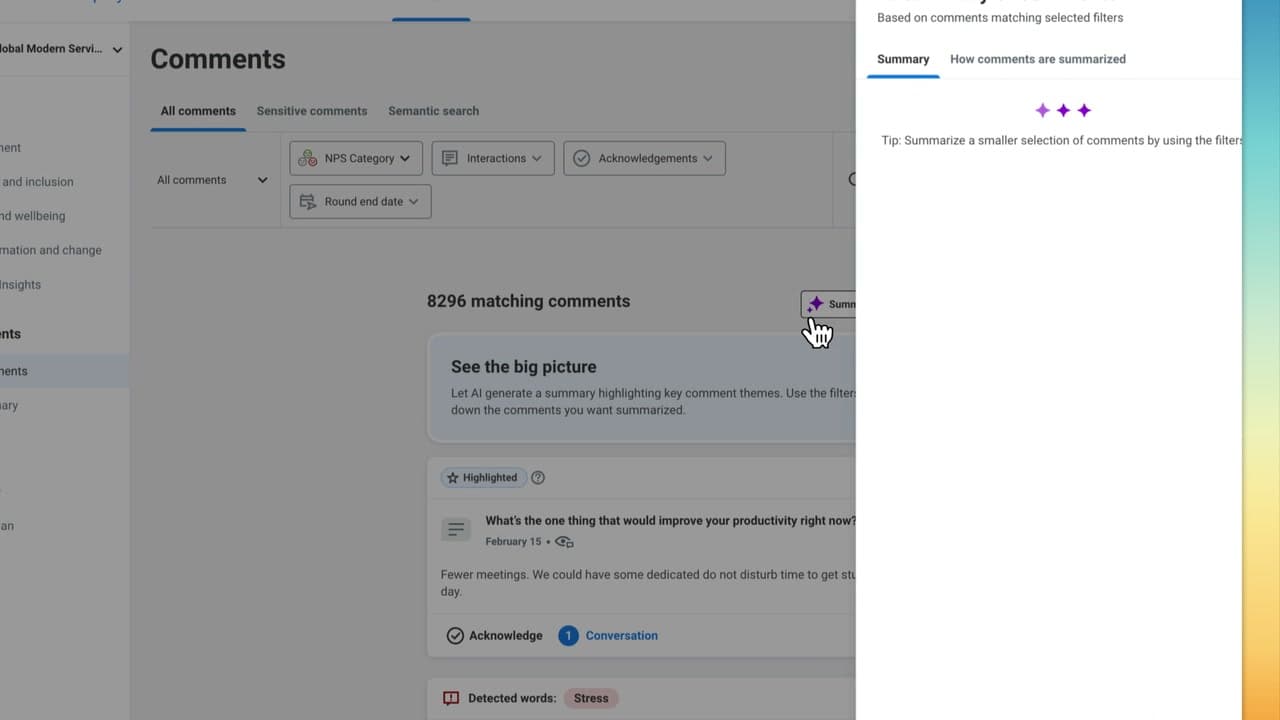 Workday Peakon Employee Voice AI summary of employee comments with workplace themes
