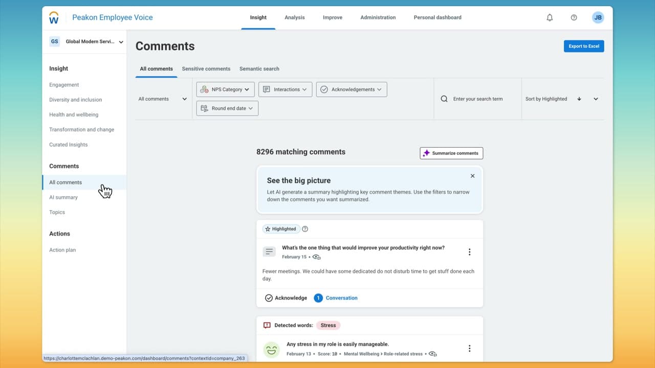 Workday Peakon Employee Voice employee comments screen with topic filters and comment analysis