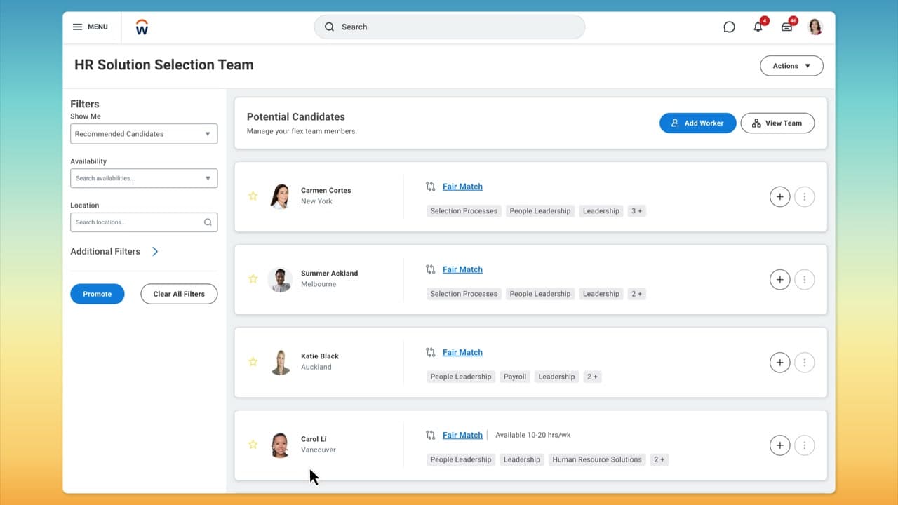 Workday Skills Cloud internal candidate list with fit match scores for a flex team