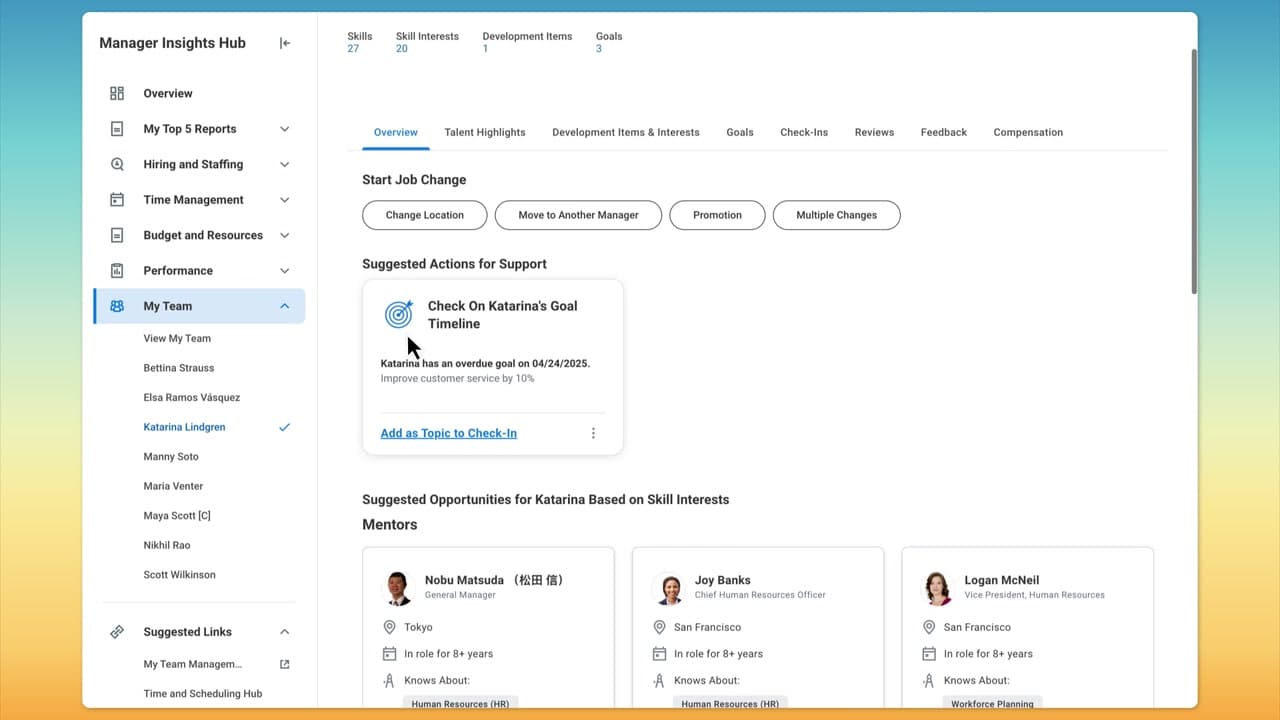 Workday Skills Cloud suggested career opportunities and mentors for an employee