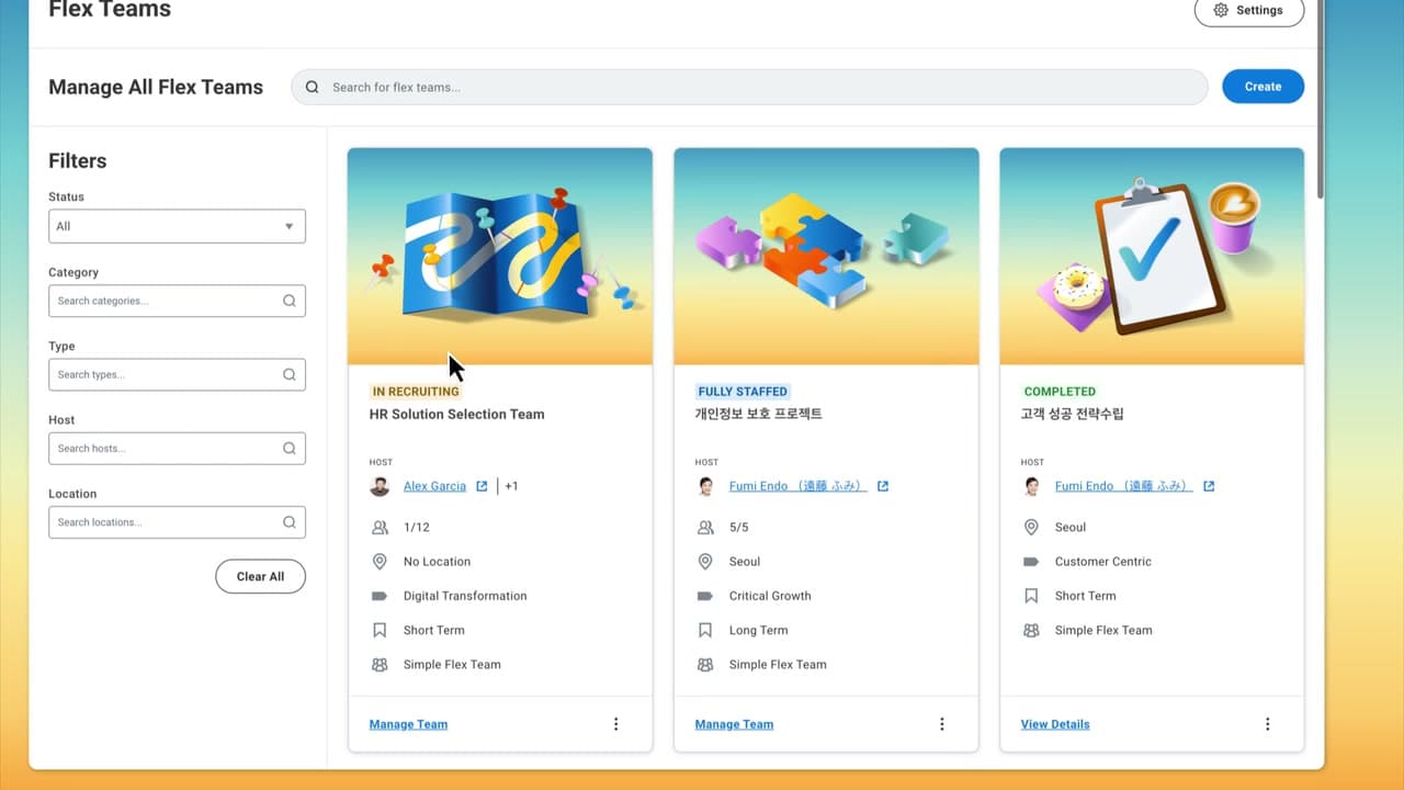 Workday Skills Cloud Flex Teams screen with internal opportunity cards and skill filters