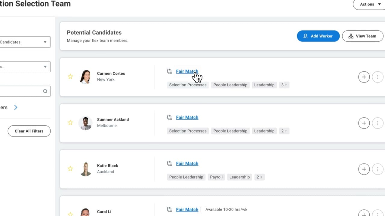 Workday Skills Cloud match analysis showing relevant and missing skills for an internal candidate