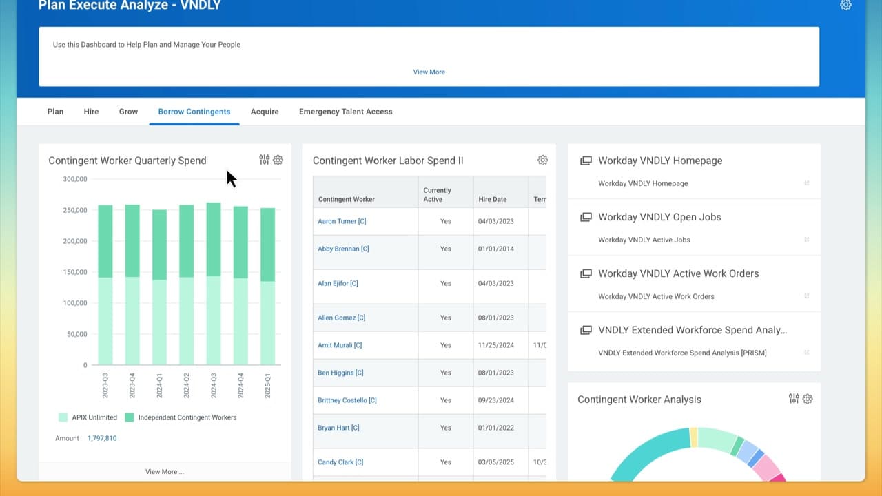 Workday VNDLY contingent worker spend dashboard with supplier and work-order analytics